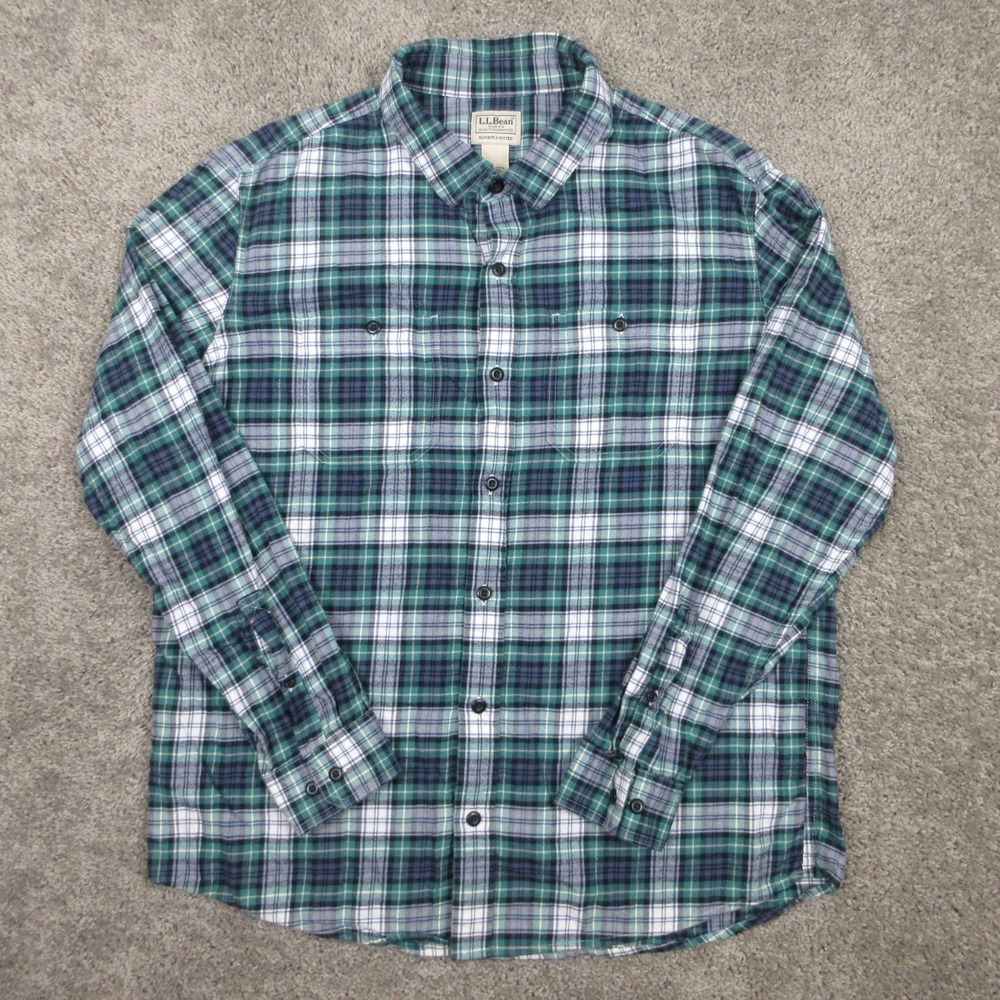 LL Bean‎ Shirt Mens Large Blue Green Plaid Slightly Fitted Cotton Flannel EUC